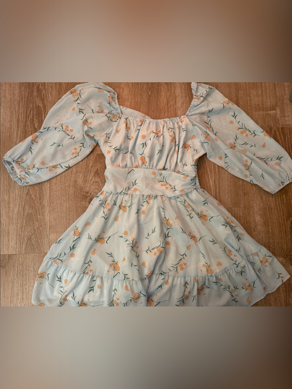 Pastel Blue Floral Puff-Sleeve Casual Dress